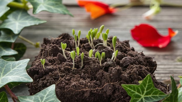 Young Green Sprouts Growing from Rich Soil with Ivy Leaves and Red Petals on Wooden Background photo