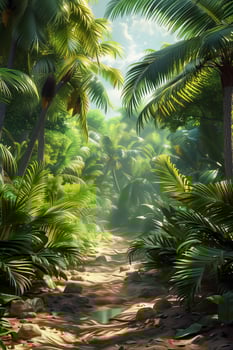 Tropical jungle path with palm trees and grass photo