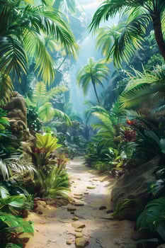 A tropical jungle scene with a path through the jungle photo