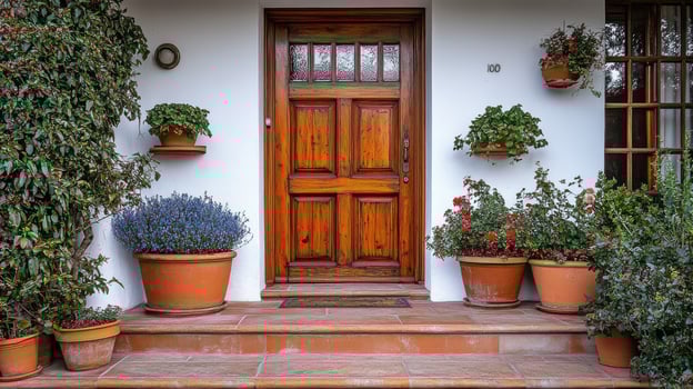 A front door with potted plants and flowers photo