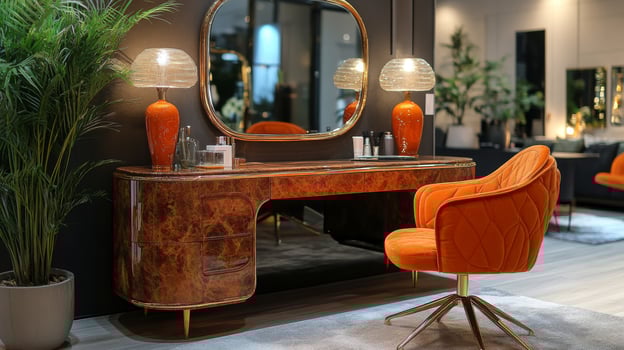 A vanity with an orange chair and mirror photo