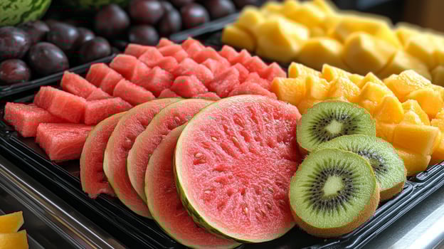 A tray of fruit with kiwi and watermelon photo