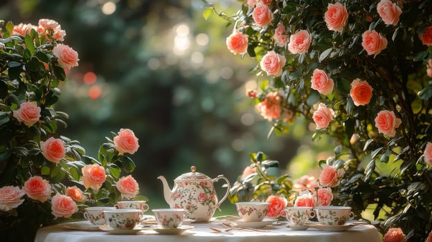 A table set with tea cups and teapots in front of pink roses photo