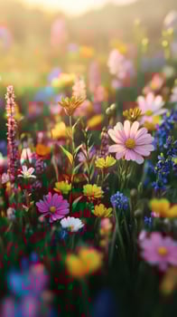 A field of colorful flowers with the sun shining photo