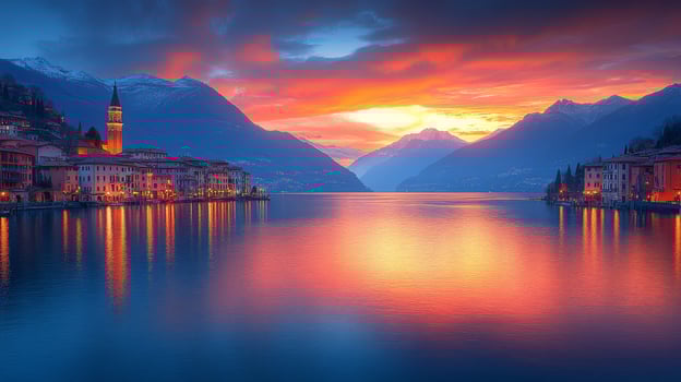 A beautiful sunset over lake como in italy photo