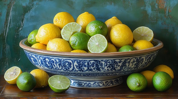 Fresh lemons and limes arranged attractively in a decorative bowl on a rustic surface photo