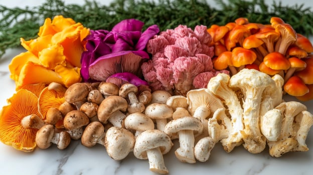 Colorful assortment of fresh mushrooms displayed on a kitchen counter with herbs photo