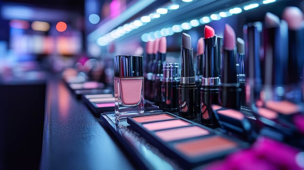 Woman with curly hair showcasing beauty products in vibrant store setting photo
