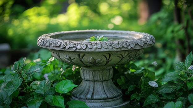 A birdbath in a garden surrounded by green plants photo