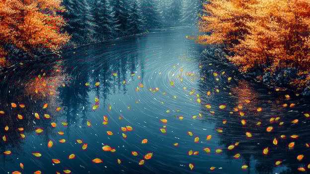 An autumn river with leaves floating down it photo