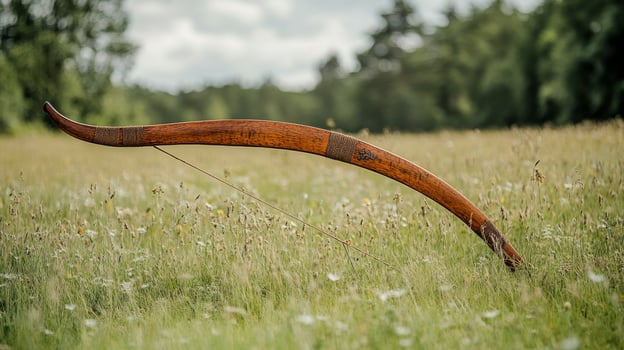 A wooden bow is sitting in a field of grass photo