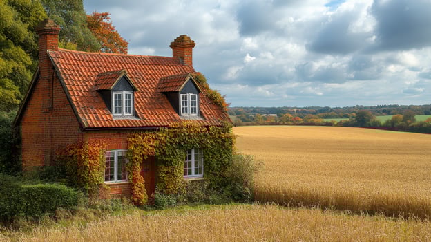 A small house sitting in a field of wheat photo