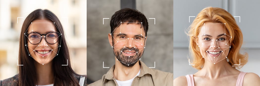 A collection of diverse individuals with facial recognition markers visible. Each person smiles, representing advancements in identification technology within a contemporary environment. photo