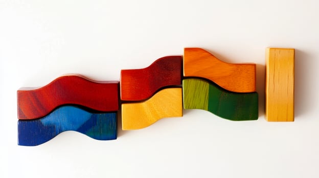 Colorful wooden blocks of various shapes and hues are delicately stacked, creating a vibrant upward structure that sparks creativity and joy in any playful setting photo