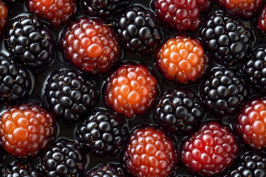 A beautifully arranged dessert tray showcases an assortment of blackberry tarts, each carefully crafted with vibrant blackberries and a rich crust. This enticing display invites sweet indulgence photo