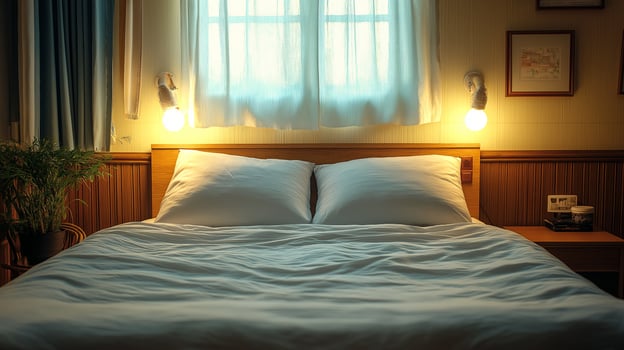 A comfortable bed with crisp white linens and fluffy pillows, arranged indoors, creating a peaceful and inviting atmosphere photo