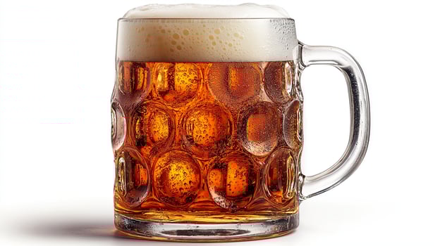 A refreshing frothy beer mug filled to the brim with fresh cold lager, set against a clean white background, perfect for beverage promotions. photo