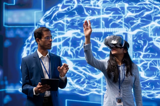 Specialist doing VR headset demonstration at AI tech conference gathering experts seeking to discover latest innovations. Engineer presents how virtual reality can be leveraged to improve businesses photo