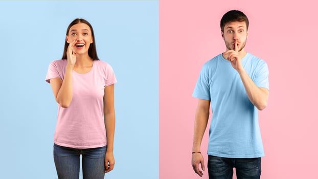 Young man gesturing hush sign, keep silence, smiling woman holding palm near mouth, making offer, screaming information at camera isolated over blue and yellow studio background wall photo