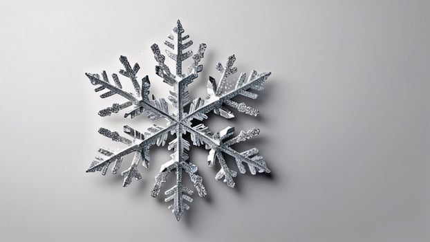 Intricate silver snowflake on white background. photo