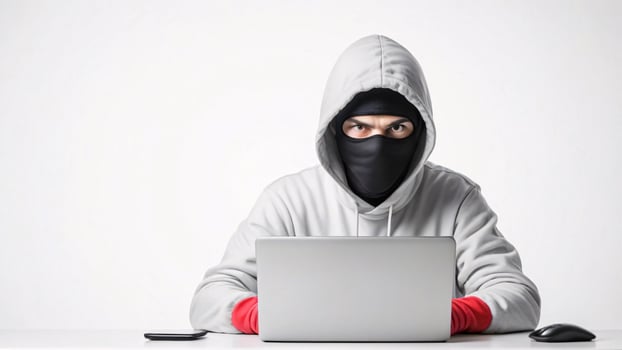 Masked hacker using laptop, serious expression. photo