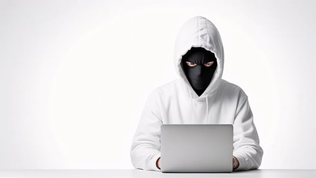 Masked person using laptop, cybersecurity concept. photo