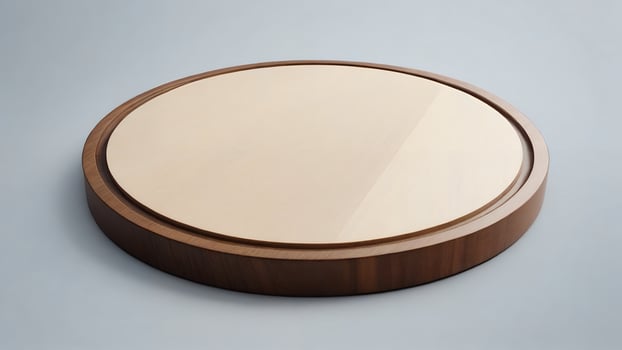 Round wooden display stand with beige glass top. photo