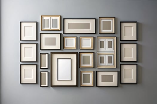 Elegant gallery wall with modern black and gold picture frames arranged in a symmetrical pattern, perfect for interior decor inspiration photo