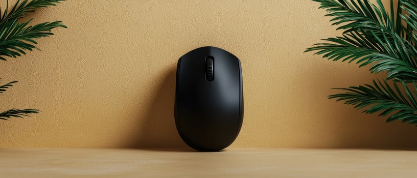 Black wireless computer mouse on beige background with tropical leaves photo