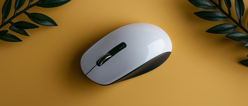 White wireless computer mouse on yellow background with dark green leaves photo