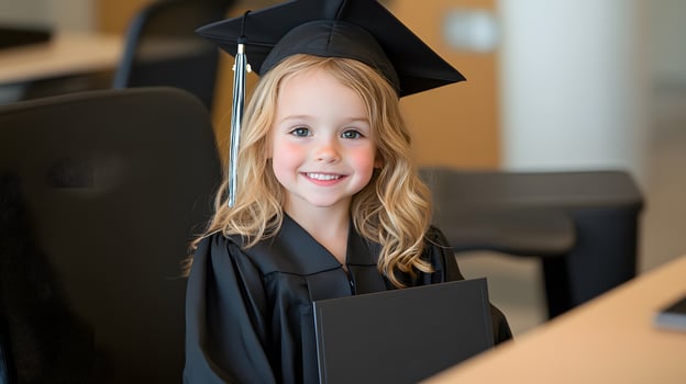 A child holding a diploma with a proud smile after graduation. photo