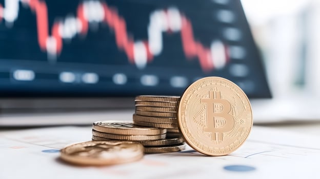 Close-up of euro coins with financial graphs blurred in the background photo
