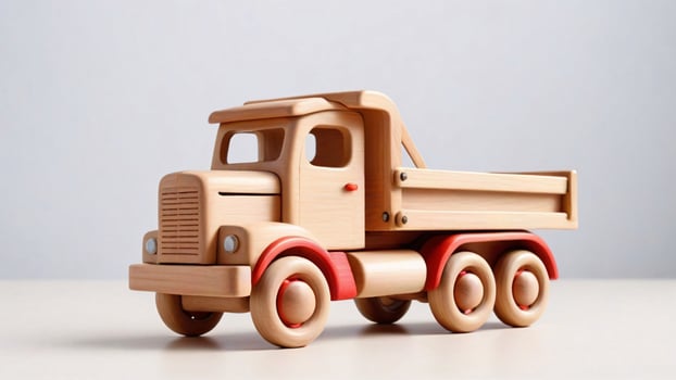 Wooden toy dump truck on table. photo