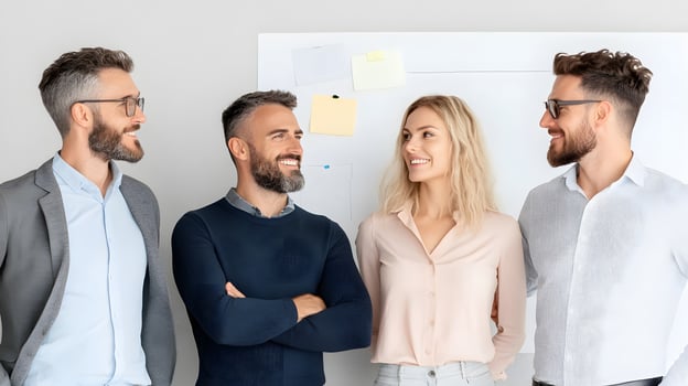 A group of professionals collaborating in a modern office space, brainstorming ideas on a whiteboard for strategic goals photo