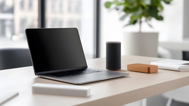 A sleek work desk with a laptop, phone dock, and smart lighting in a well-organized office environment photo