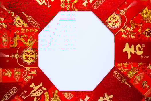 Chinese new year concept with red envelope packets or ang bao words mean good luck, great prosperity, wealth, auspicious on white background. photo