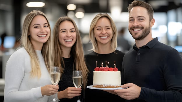 small cake cutting ceremony in the office, with team members laughing and enjoying a cheerful moment photo