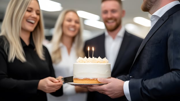 A small cake cutting ceremony in the office, with team members laughing and enjoying a cheerful moment photo