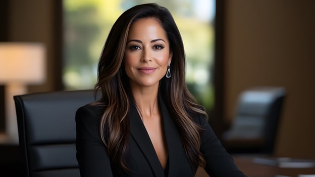 powerful businesswoman presenting strategies to a team in a well-lit conference room, looking confident and professional photo
