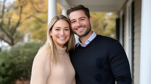 Couple celebrating with real estate agent after receiving the keys to their first home, standing on front porch photo