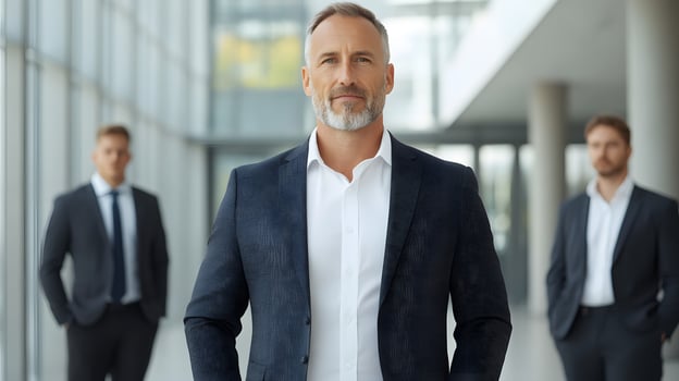 Professional CEO standing confidently in front of employees in a formal business environment, full body wide angle photo