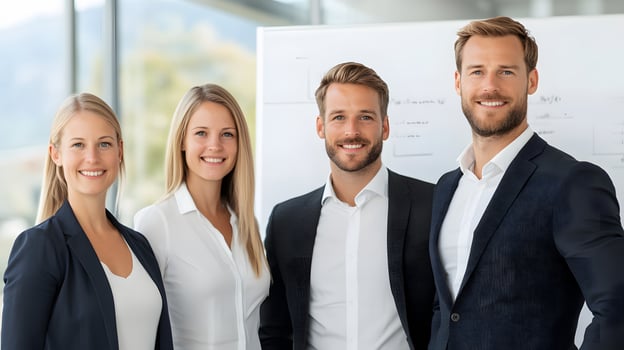 Group of employees standing confidently in front of a whiteboard smiling, professional workspace, full body wide angle.. photo