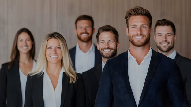 Team of employees with positive expressions in front of a modern office board, full body wide angle. photo