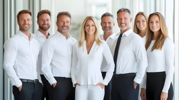 Professional team gathered near a presentation board with confident poses photo