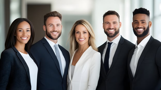Team of professionals smiling in front of an office board displaying creative ideas. photo
