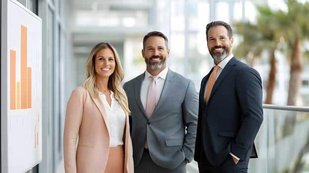 Happy employees gathered near a colorful project board in a professional setting, full body wide angle photo