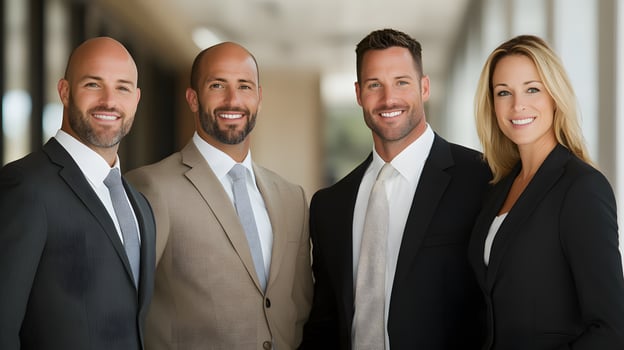 Positive group of professionals smiling in front of a presentation board, corporate environment, full body wide angle photo