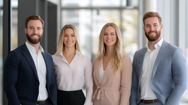 Happy employees standing in front of a collaborative board in a bright workspace, full body wide angle photo