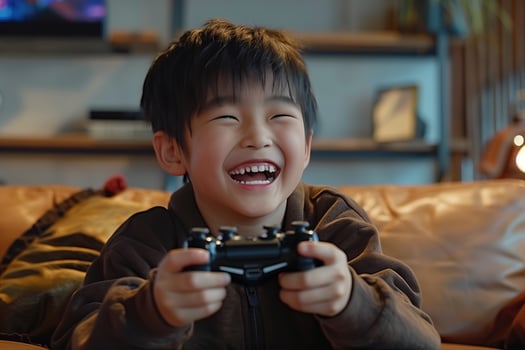 A boy smiles while playing games photo