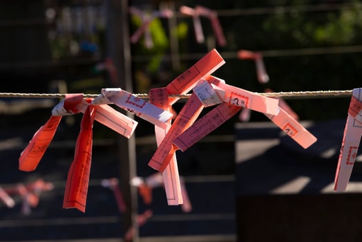 Fortune slips at Kameido Tenjin shrine in Tokyo close up photo